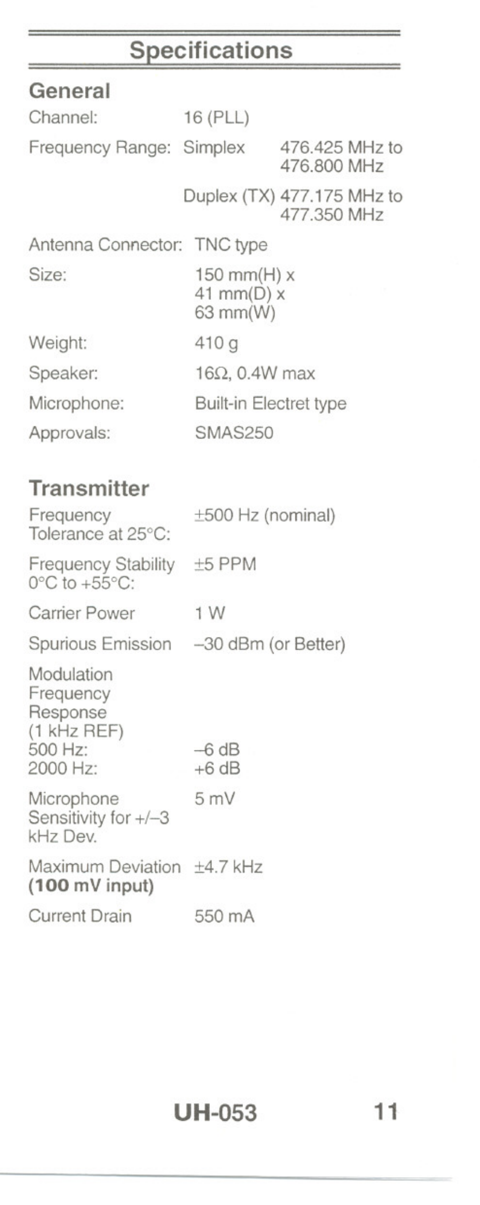 Specifications | Uniden UH-O53 User Manual | Page 13 / 16