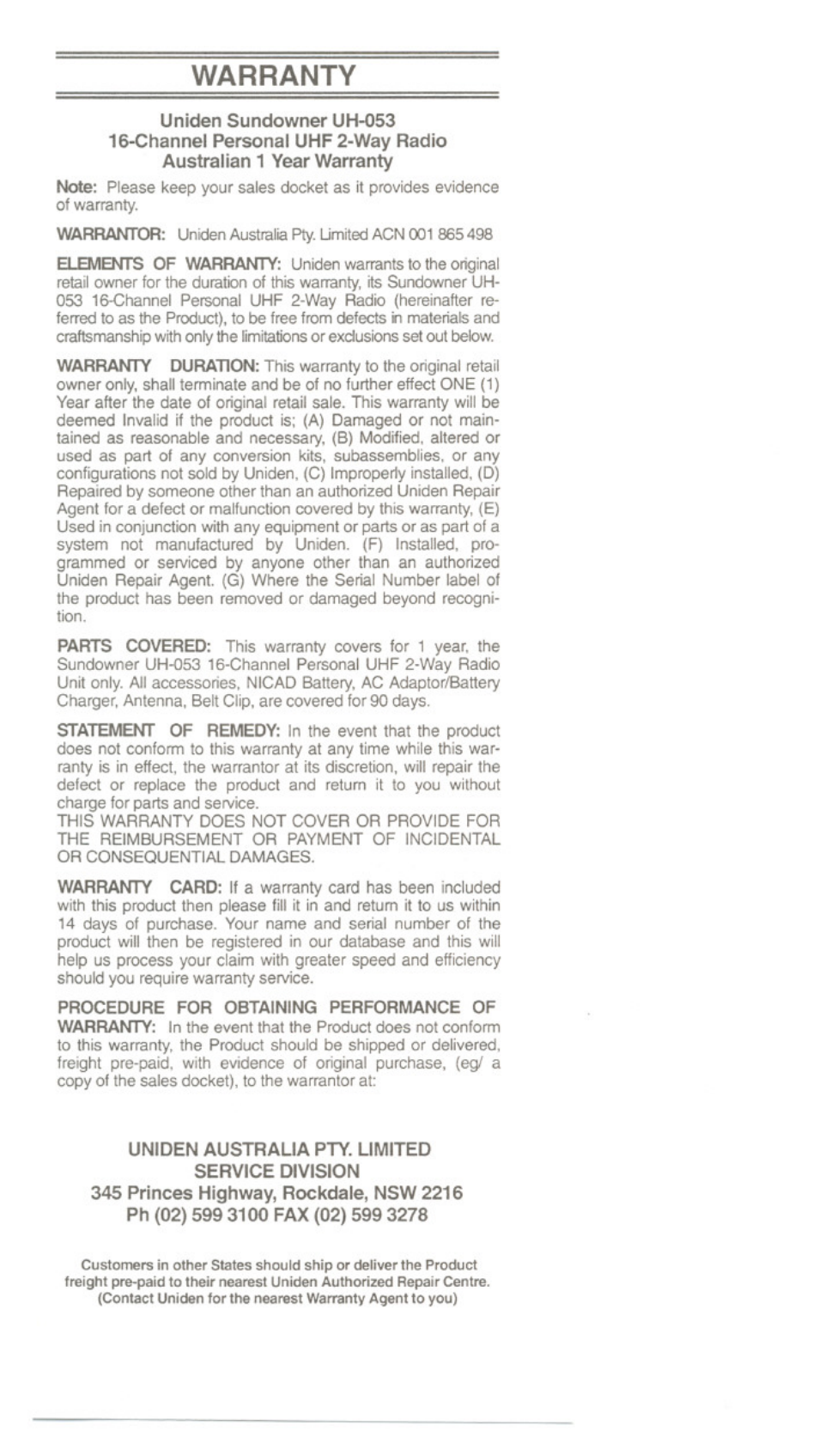 Warranty | Uniden UH-O53 User Manual | Page 15 / 16