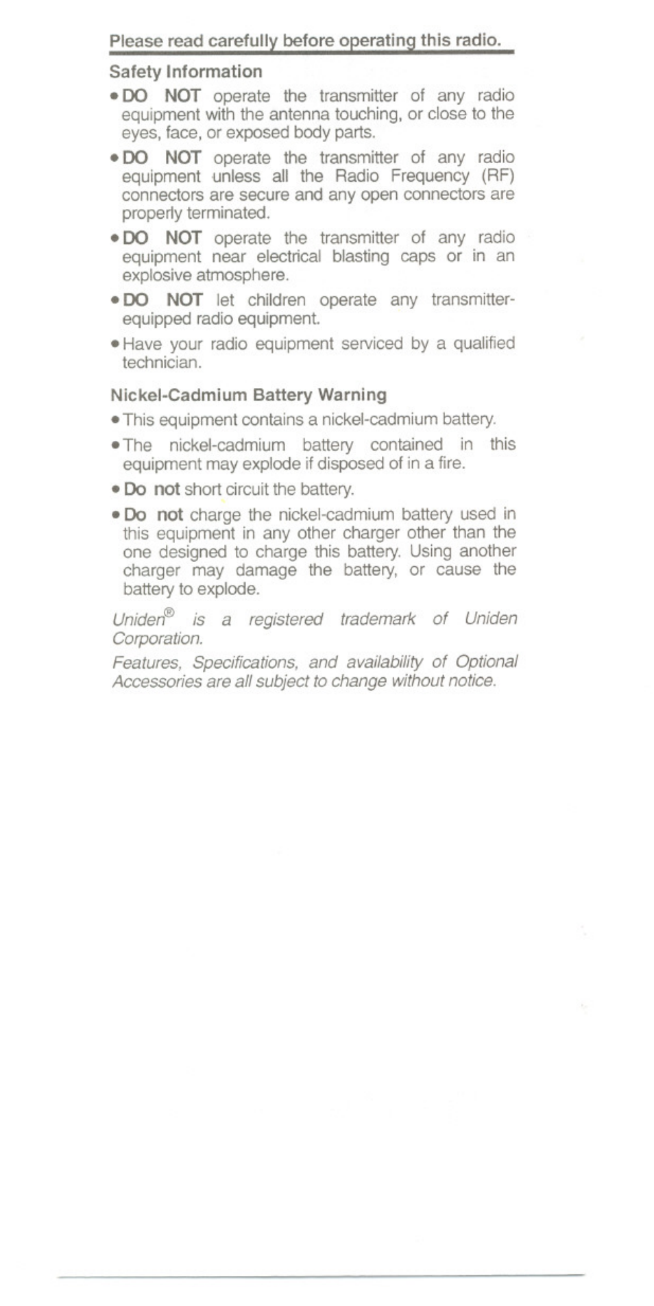 Do not | Uniden UH-O53 User Manual | Page 2 / 16
