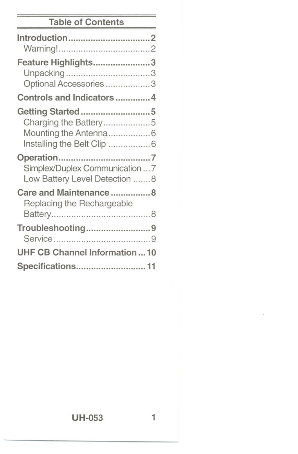 Uh-053 | Uniden UH-O53 User Manual | Page 3 / 16