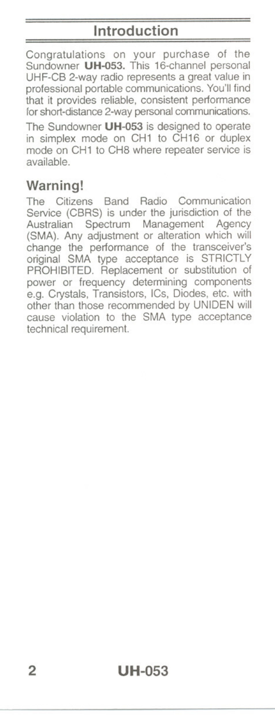Introduction, Uh-053 | Uniden UH-O53 User Manual | Page 4 / 16