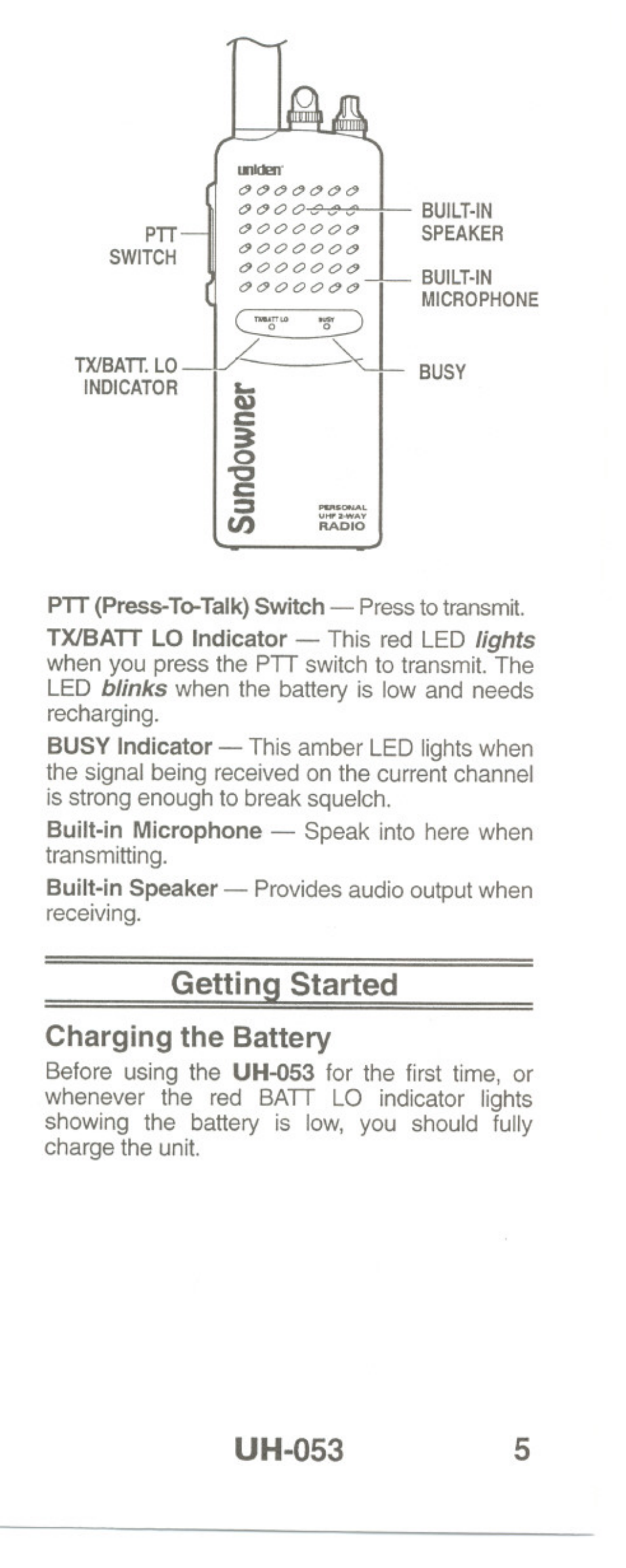 Getting started, Uh-053 | Uniden UH-O53 User Manual | Page 7 / 16