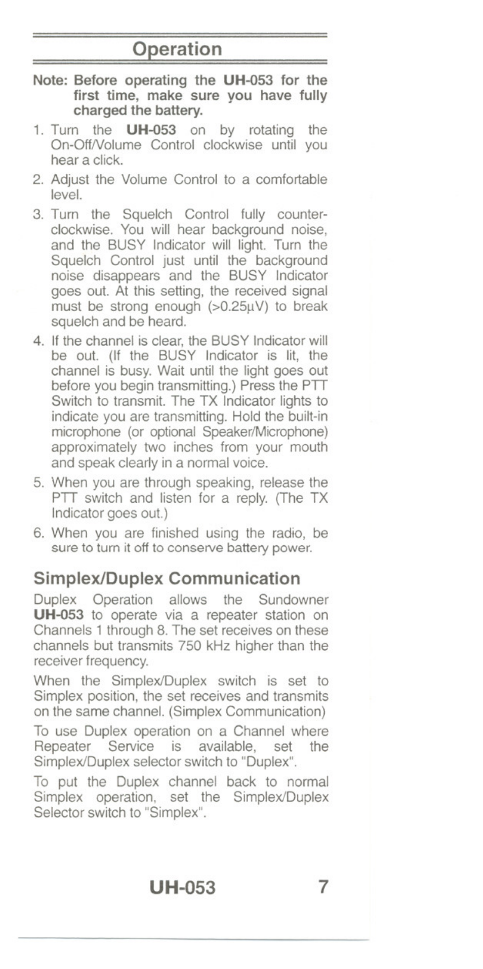 Operation, Uh-053, Simplex/duplex communication | Uniden UH-O53 User Manual | Page 9 / 16