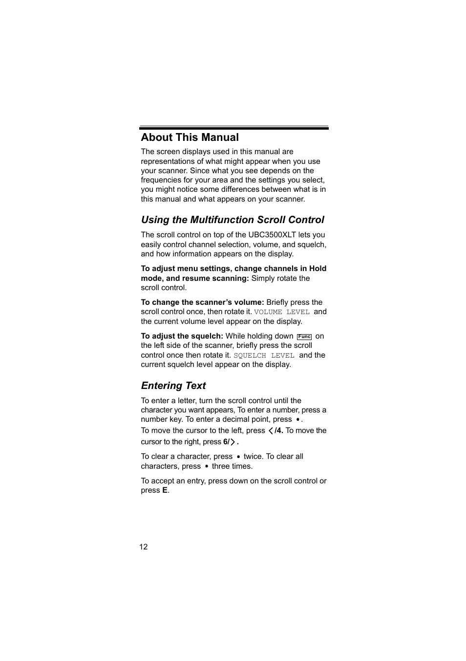 About this manual, Using the multifunction scroll control, Entering text | Uniden BEARCAT UBC3500XLT User Manual | Page 12 / 94