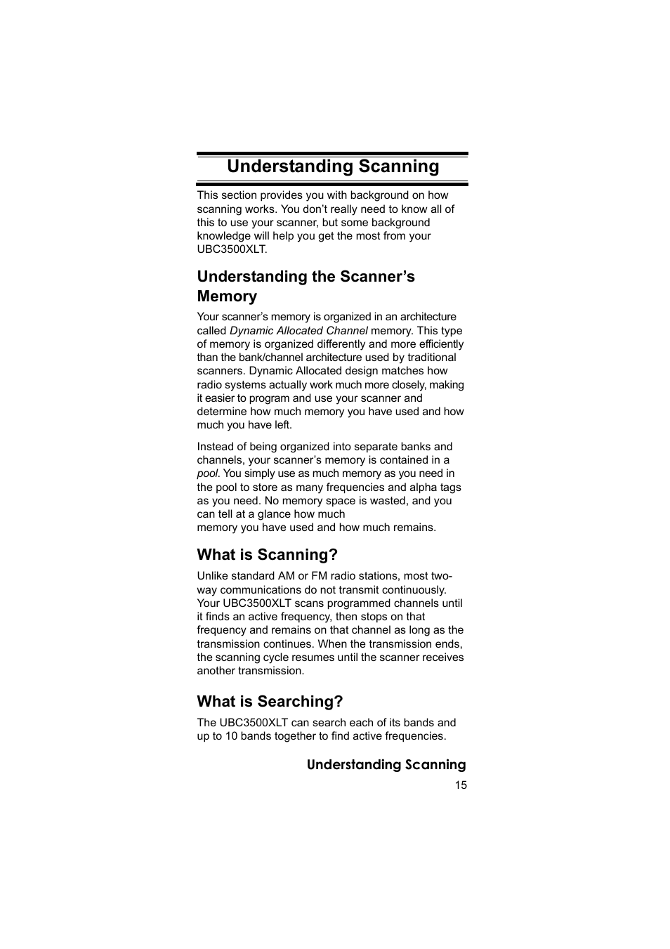 Understanding scanning, What is scanning, What is searching | Uniden BEARCAT UBC3500XLT User Manual | Page 15 / 94