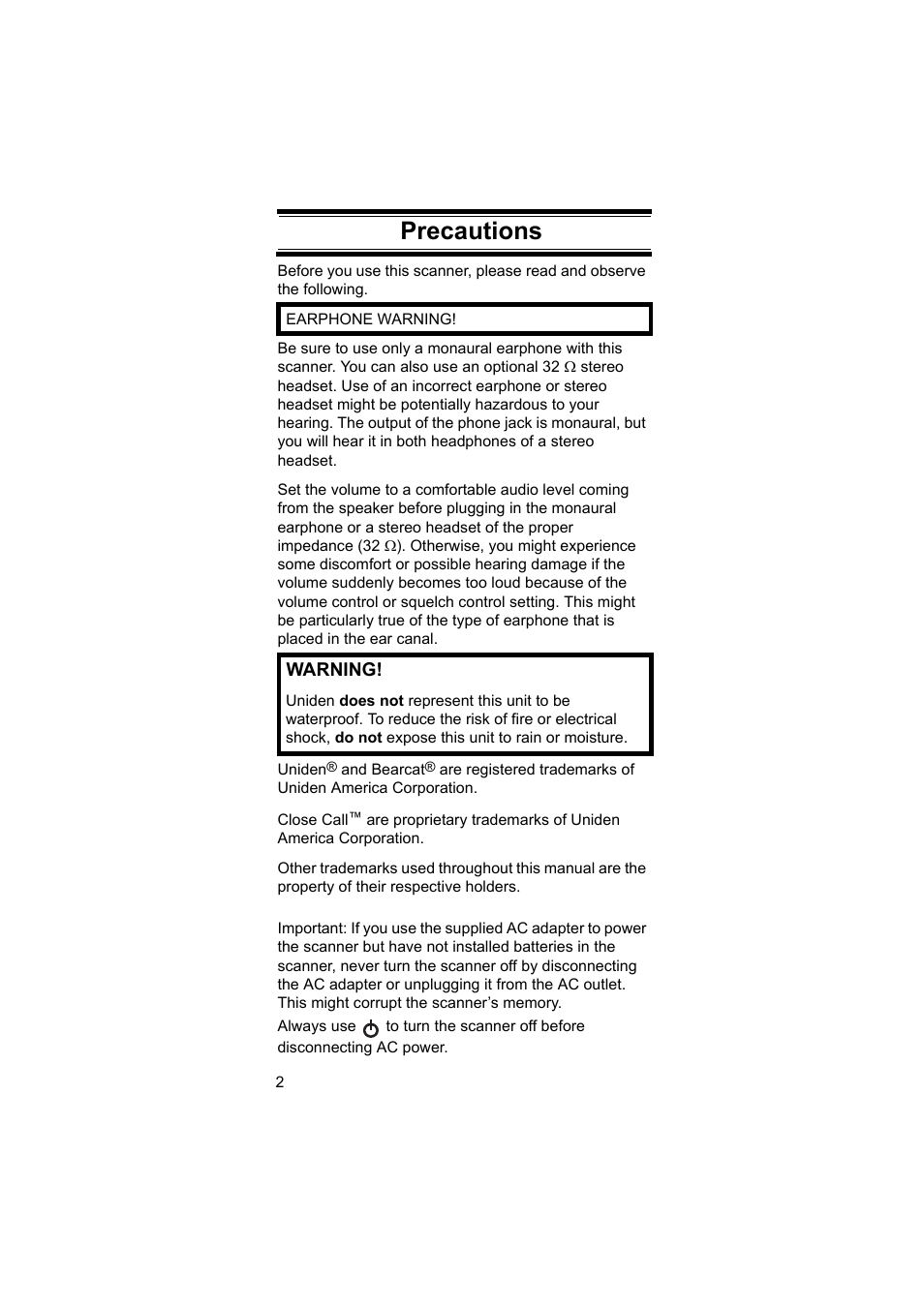 Precautions | Uniden BEARCAT UBC3500XLT User Manual | Page 2 / 94