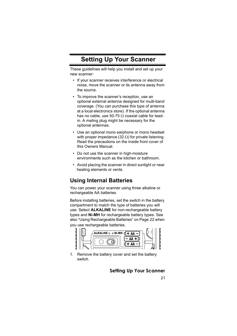 Setting up your scanner, Using internal batteries | Uniden BEARCAT UBC3500XLT User Manual | Page 21 / 94