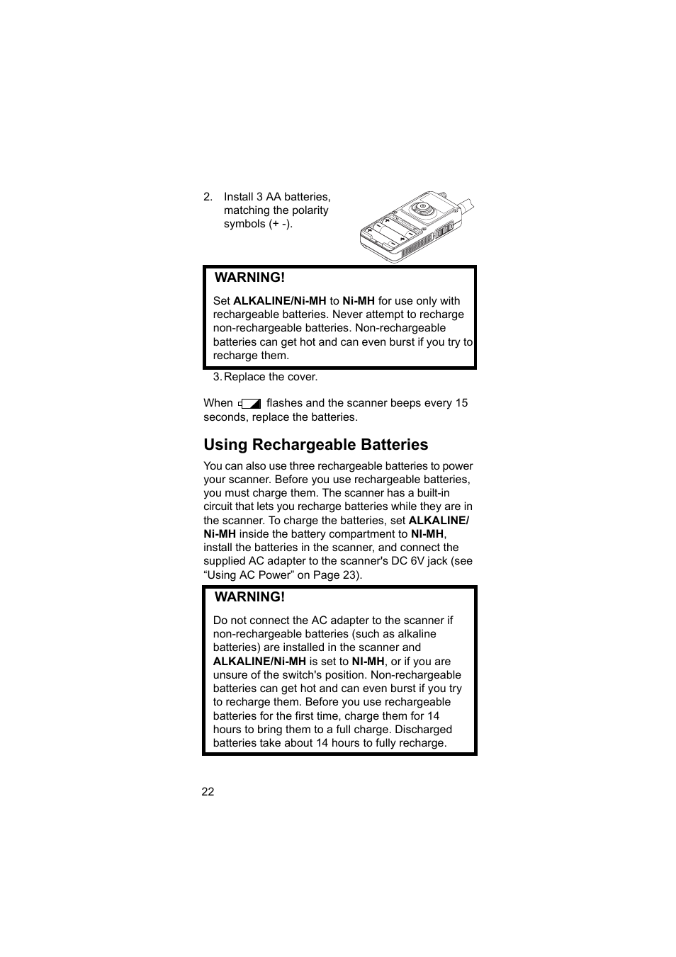 Using rechargeable batteries | Uniden BEARCAT UBC3500XLT User Manual | Page 22 / 94