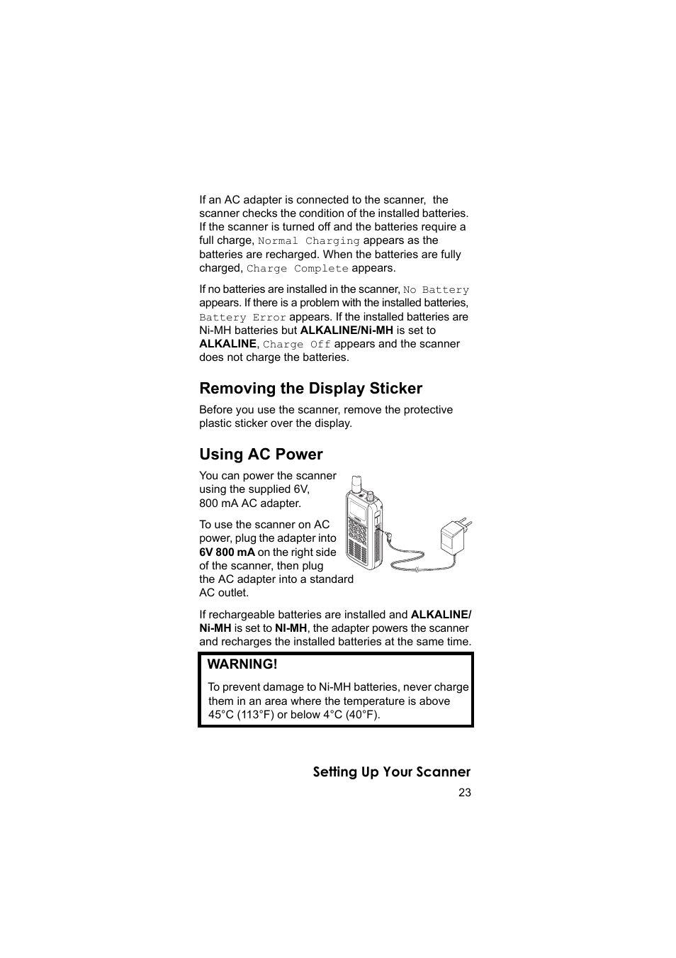 Removing the display sticker, Using ac power | Uniden BEARCAT UBC3500XLT User Manual | Page 23 / 94