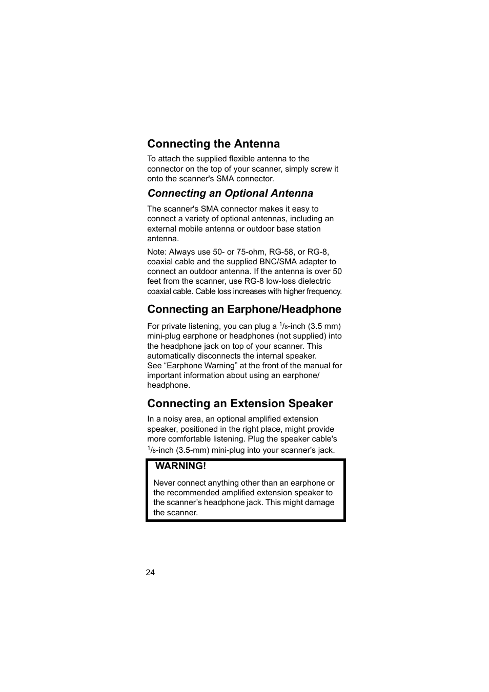 Connecting the antenna, Connecting an earphone/headphone, Connecting an extension speaker | Connecting an optional antenna | Uniden BEARCAT UBC3500XLT User Manual | Page 24 / 94