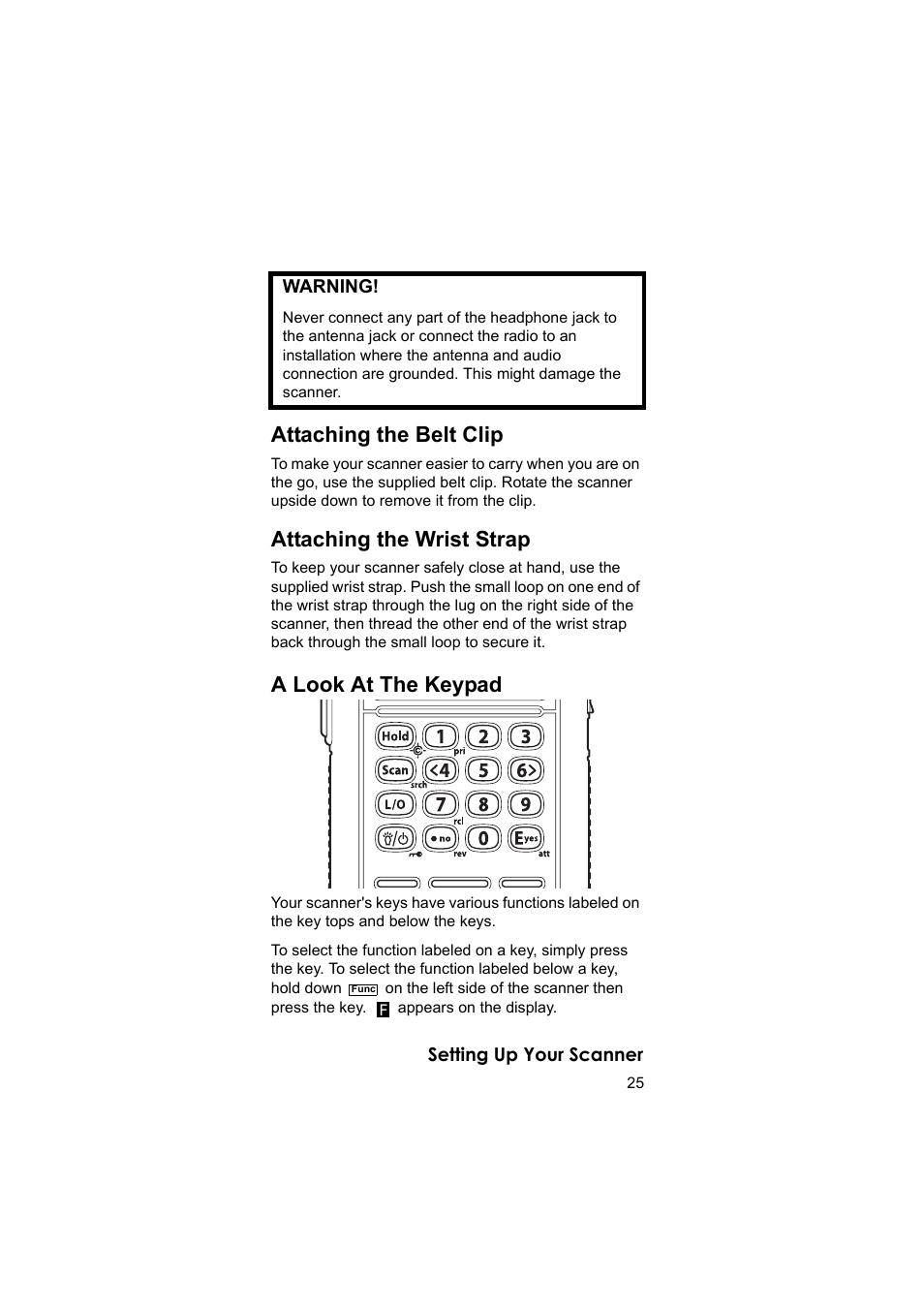 Attaching the belt clip, Attaching the wrist strap, A look at the keypad | Uniden BEARCAT UBC3500XLT User Manual | Page 25 / 94
