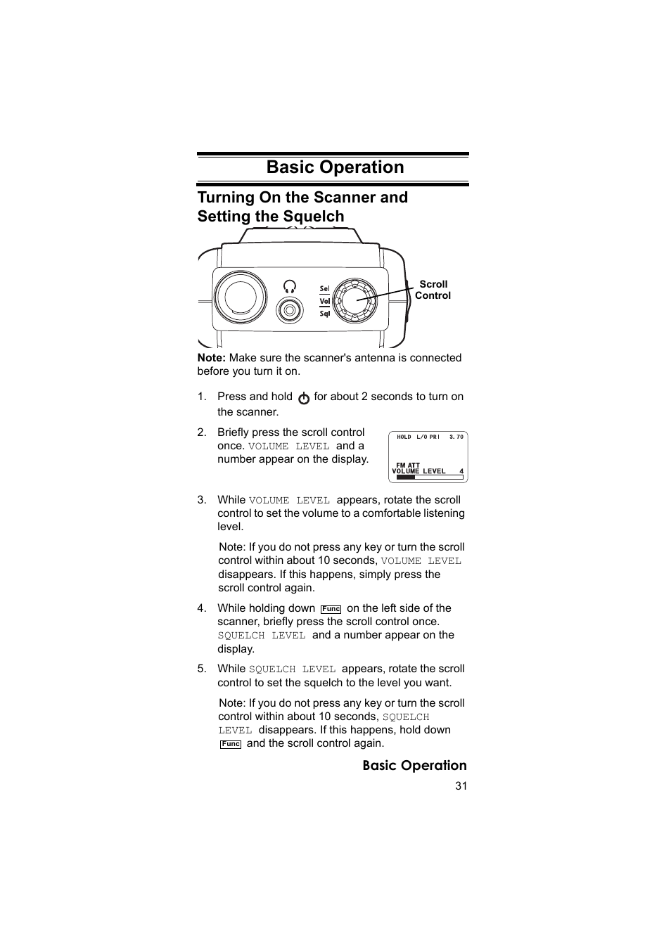 Turning on the scanner and setting the squelch, Basic operation | Uniden BEARCAT UBC3500XLT User Manual | Page 31 / 94