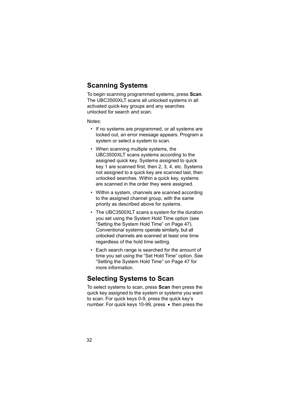 Scanning systems, Selecting systems to scan | Uniden BEARCAT UBC3500XLT User Manual | Page 32 / 94