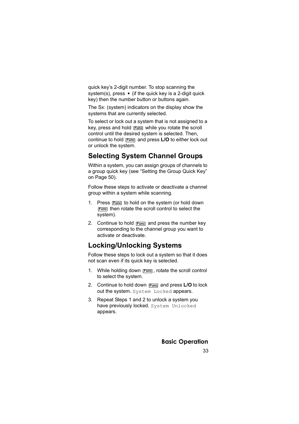 Selecting system channel groups, Locking/unlocking systems, Basic operation | Uniden BEARCAT UBC3500XLT User Manual | Page 33 / 94