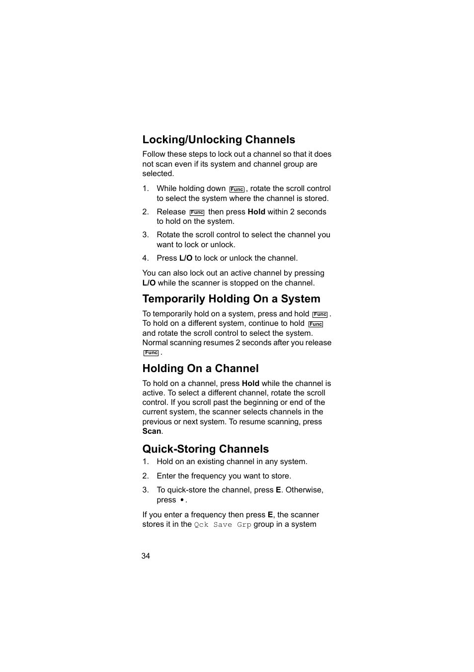 Locking/unlocking channels, Temporarily holding on a system, Holding on a channel | Quick-storing channels | Uniden BEARCAT UBC3500XLT User Manual | Page 34 / 94