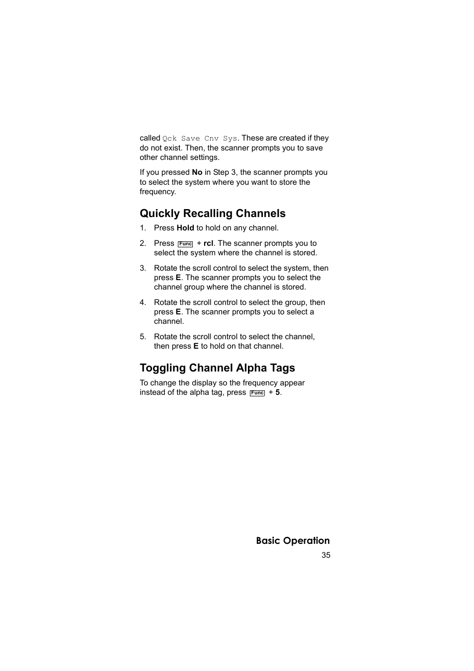 Quickly recalling channels, Toggling channel alpha tags, Basic operation | Uniden BEARCAT UBC3500XLT User Manual | Page 35 / 94