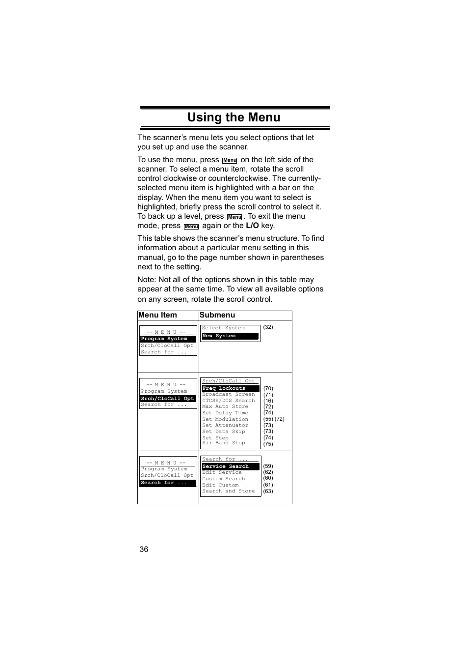 Using the menu | Uniden BEARCAT UBC3500XLT User Manual | Page 36 / 94