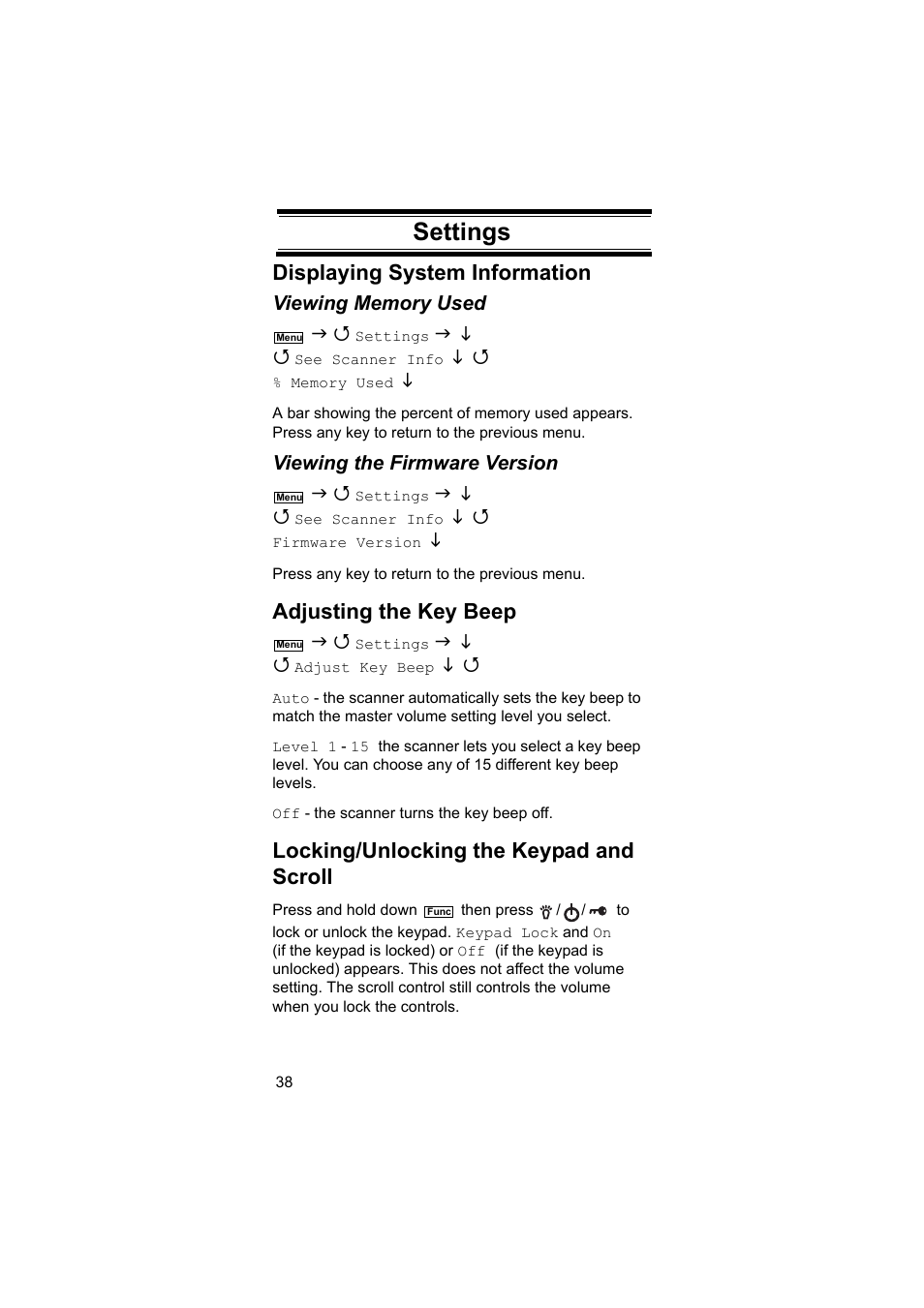 Settings, Settings displaying system information, Adjusting the key beep | Locking/unlocking the keypad and scroll | Uniden BEARCAT UBC3500XLT User Manual | Page 38 / 94