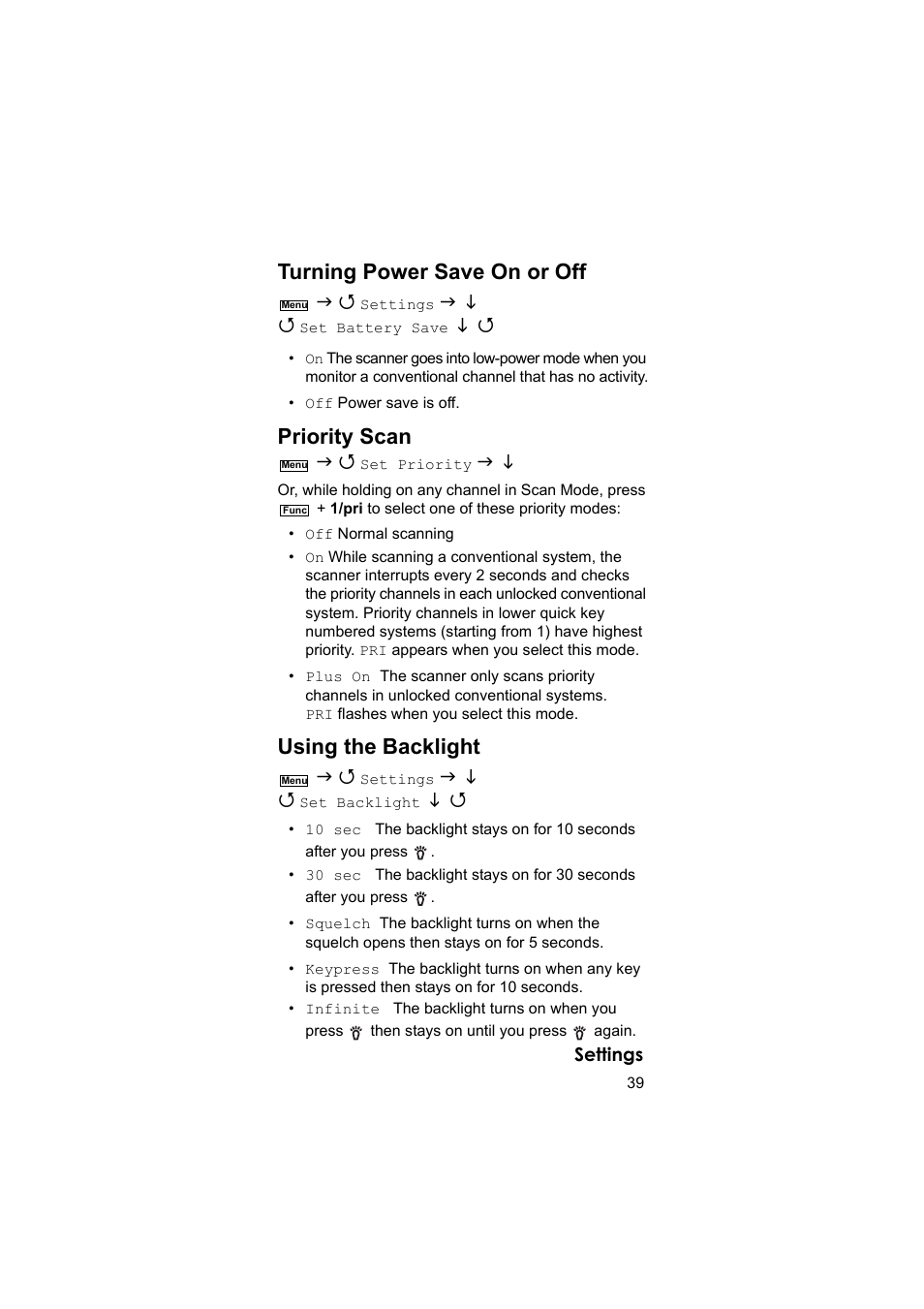 Turning power save on or off, Priority scan, Using the backlight | Uniden BEARCAT UBC3500XLT User Manual | Page 39 / 94