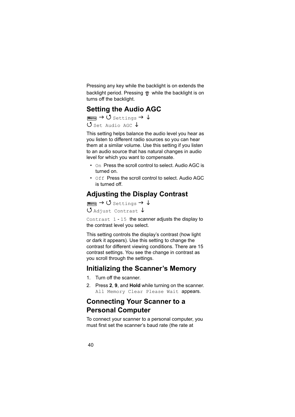 Setting the audio agc, Adjusting the display contrast, Connecting your scanner to a personal computer | Uniden BEARCAT UBC3500XLT User Manual | Page 40 / 94