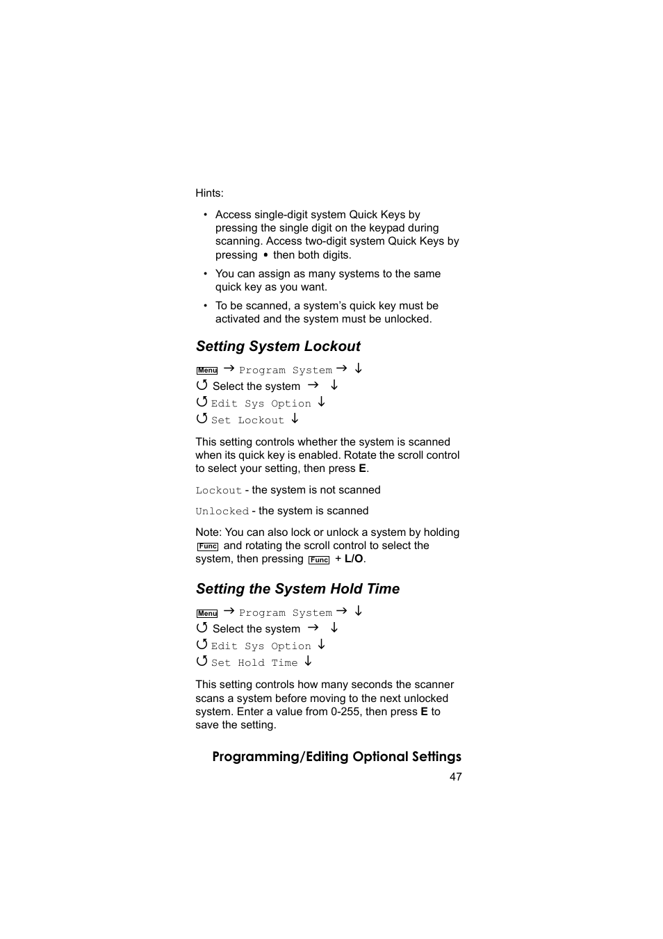 Setting system lockout, Setting the system hold time | Uniden BEARCAT UBC3500XLT User Manual | Page 47 / 94