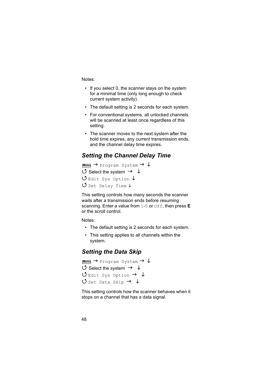 Setting the channel delay time, Setting the data skip | Uniden BEARCAT UBC3500XLT User Manual | Page 48 / 94