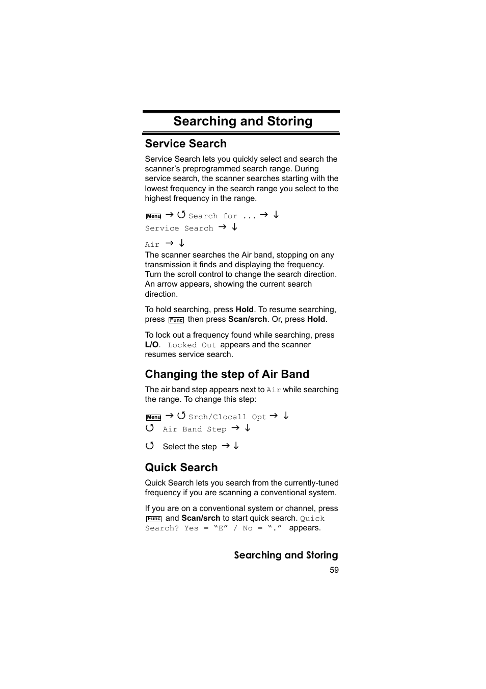 Searching and storing, Searching and storing service search, Changing the step of air band | Quick search | Uniden BEARCAT UBC3500XLT User Manual | Page 59 / 94