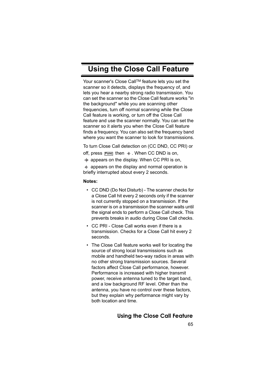 Using the close call feature | Uniden BEARCAT UBC3500XLT User Manual | Page 65 / 94