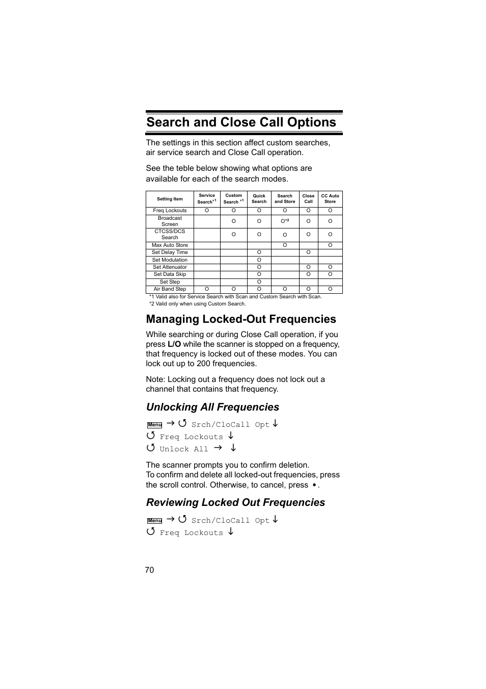 Search and close call options, Managing locked-out frequencies, Unlocking all frequencies | Reviewing locked out frequencies | Uniden BEARCAT UBC3500XLT User Manual | Page 70 / 94