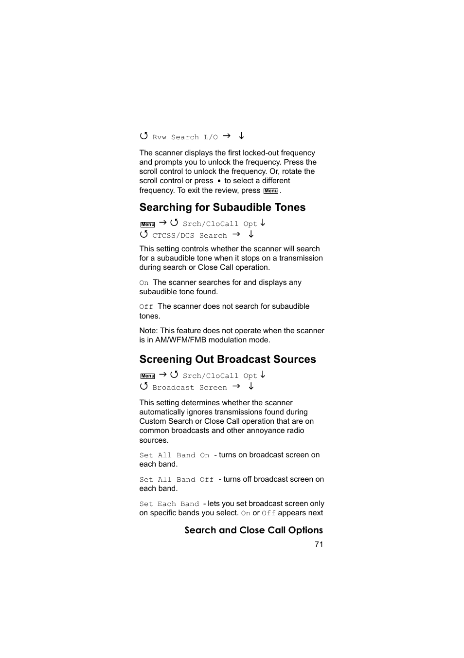 Searching for subaudible tones, Screening out broadcast sources | Uniden BEARCAT UBC3500XLT User Manual | Page 71 / 94