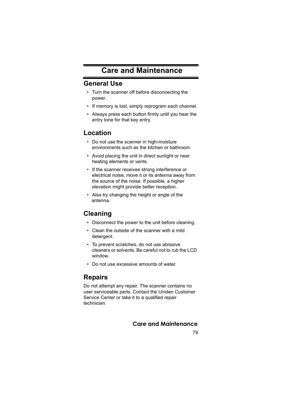 Care and mainte- nance, Care and maintenance, General use | Location, Cleaning, Repairs | Uniden BEARCAT UBC3500XLT User Manual | Page 79 / 94