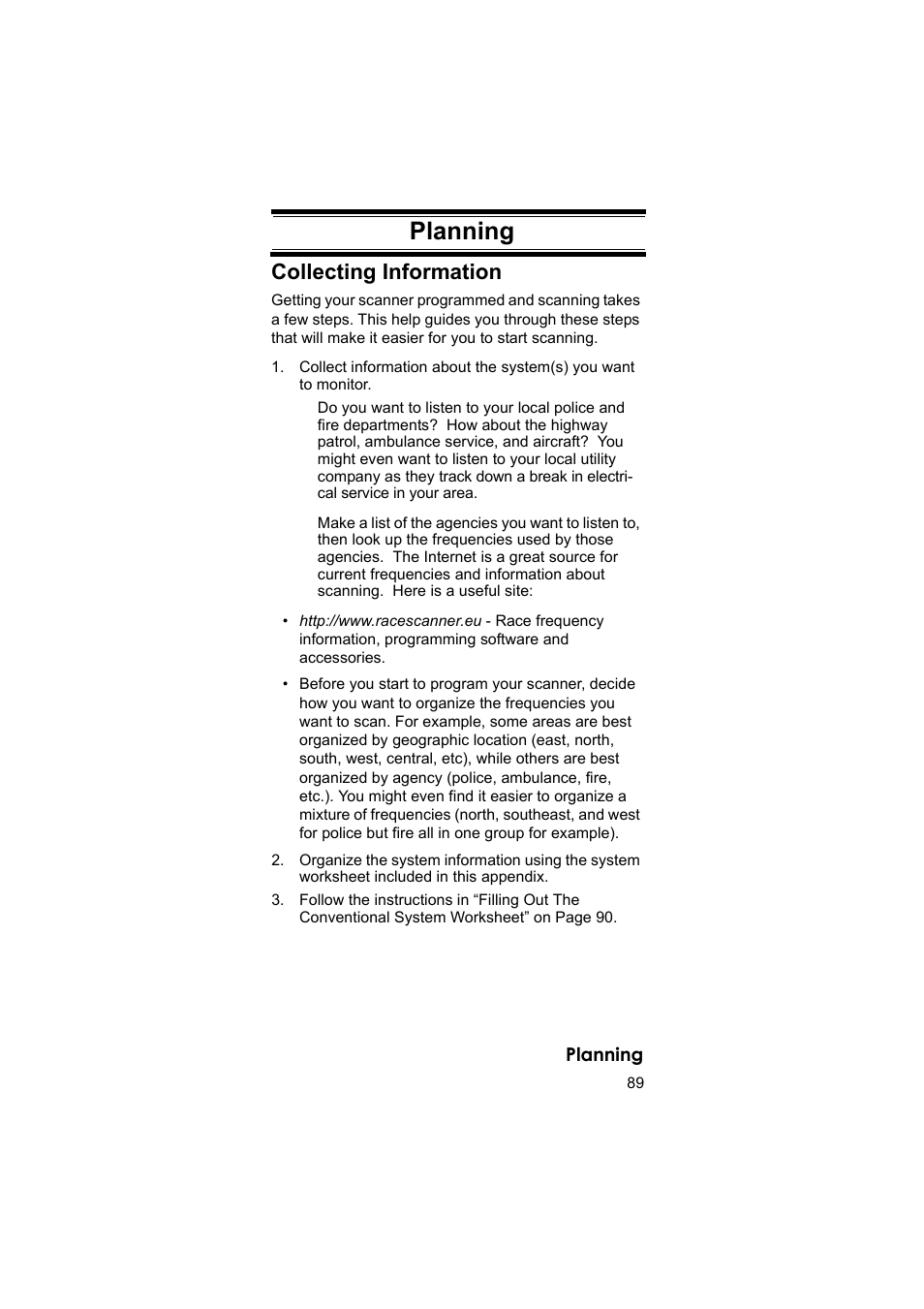 Planning, Collecting information | Uniden BEARCAT UBC3500XLT User Manual | Page 89 / 94