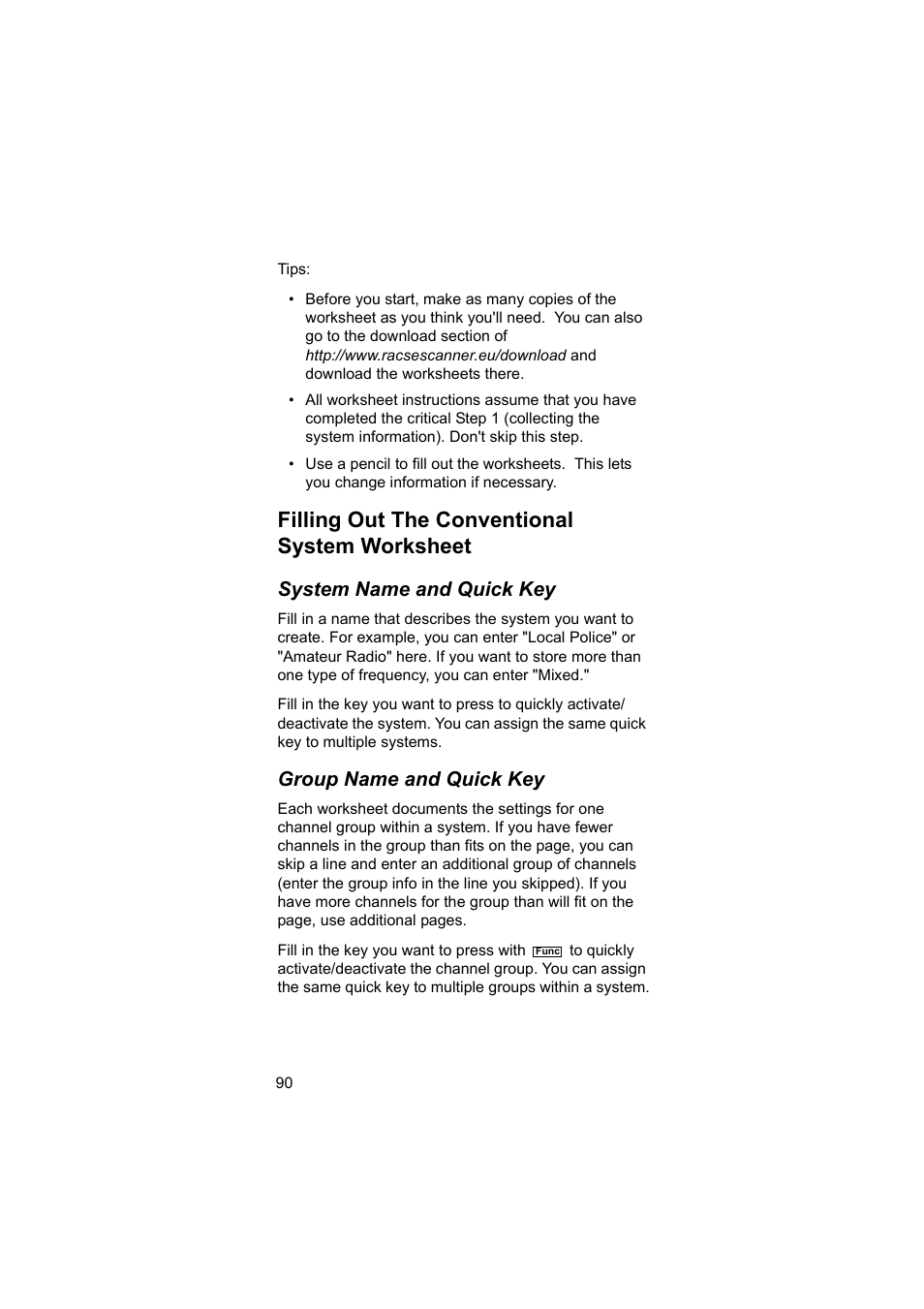 Filling out the conventional system worksheet, System name and quick key, Group name and quick key | Uniden BEARCAT UBC3500XLT User Manual | Page 90 / 94