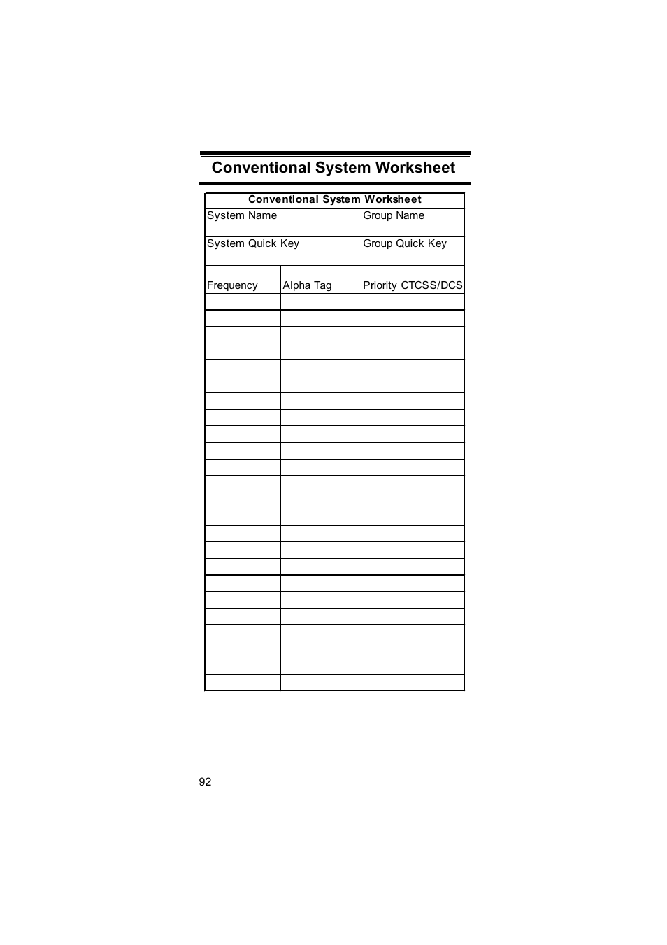 Conventional system worksheet | Uniden BEARCAT UBC3500XLT User Manual | Page 92 / 94