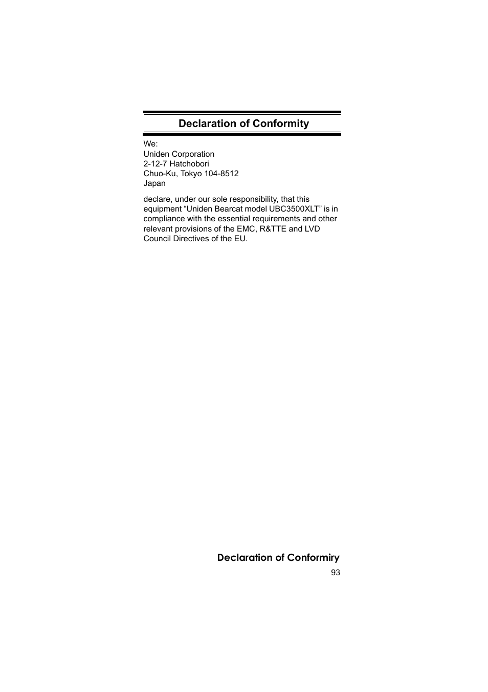 Declaration of conformity, Declaration of conformiry | Uniden BEARCAT UBC3500XLT User Manual | Page 93 / 94