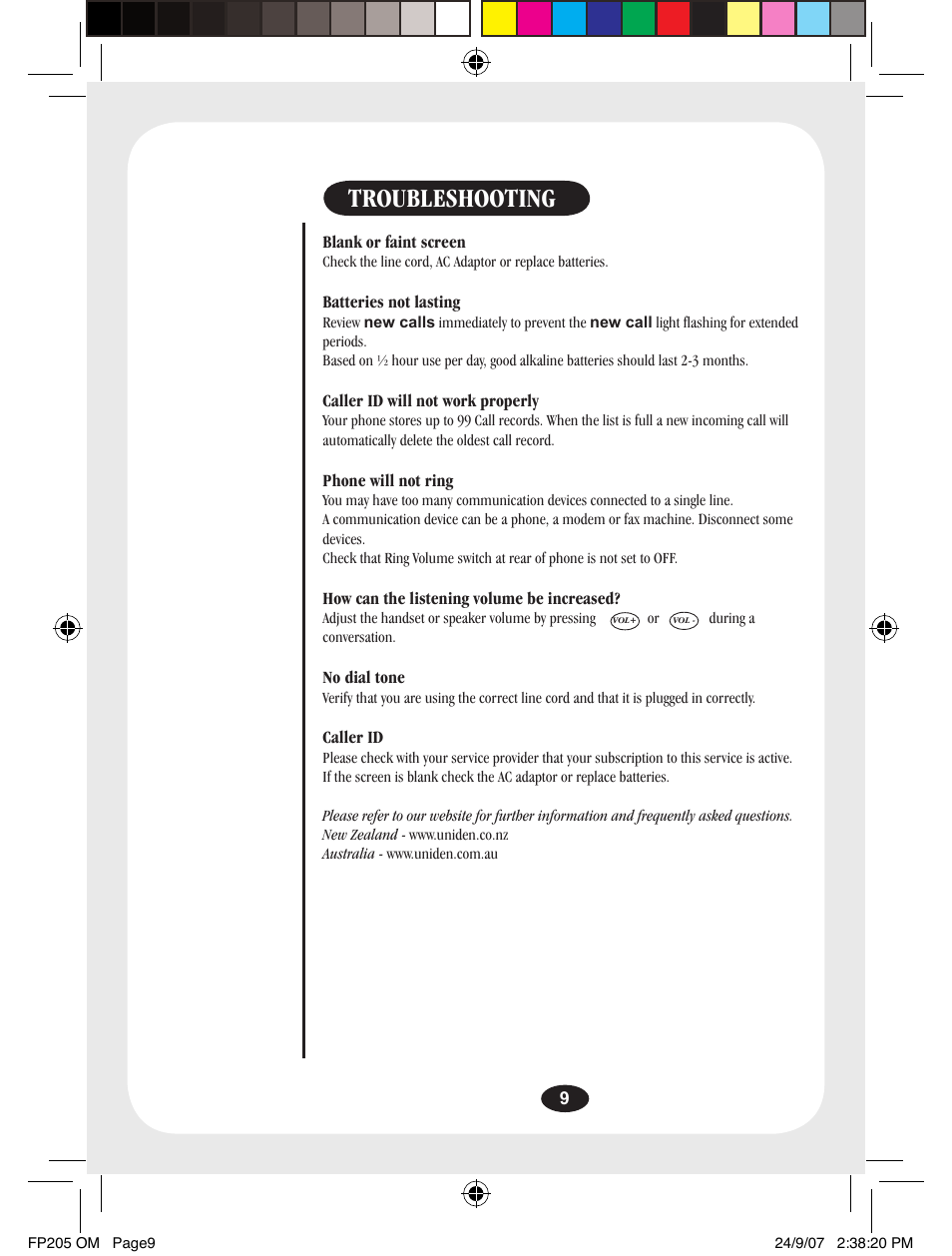 Troubleshooting | Uniden FP205 User Manual | Page 10 / 12