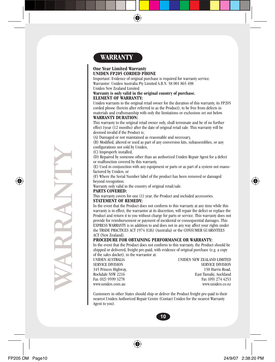 Warr anty, Warranty | Uniden FP205 User Manual | Page 11 / 12