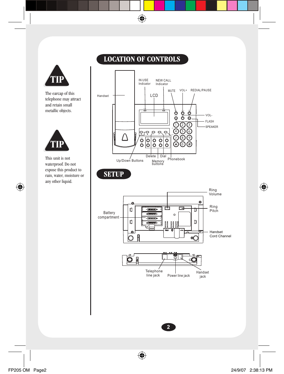 Location of controls setup, Fp205 om page2, Battery compartment | Ring volume, Up/down buttons delete dial phonebook, Handset cord channel | Uniden FP205 User Manual | Page 3 / 12