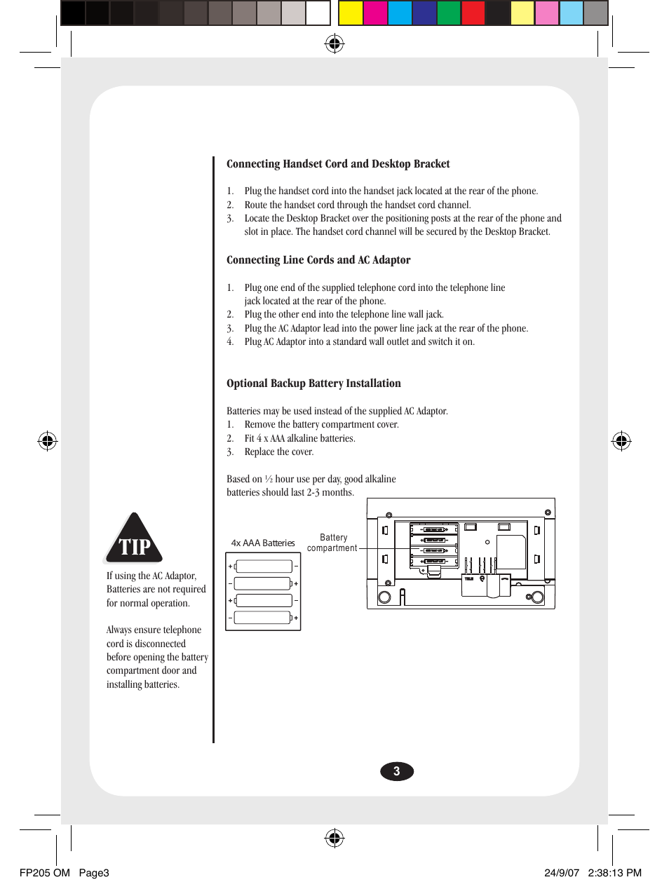 Connecting handset cord and desktop bracket, Connecting line cords and ac adaptor, Optional backup battery installation | Uniden FP205 User Manual | Page 4 / 12