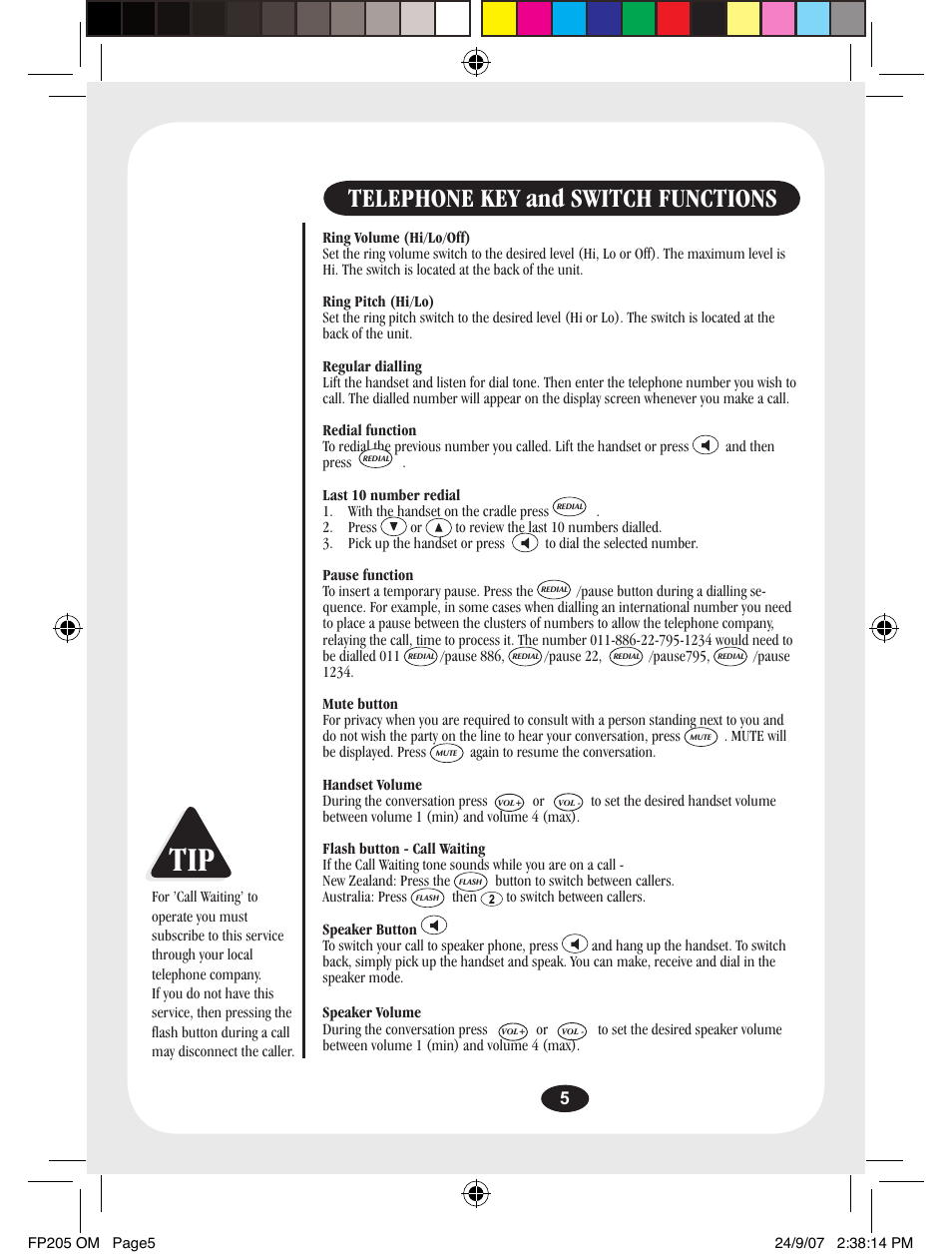 Telephone key and switch functions | Uniden FP205 User Manual | Page 6 / 12