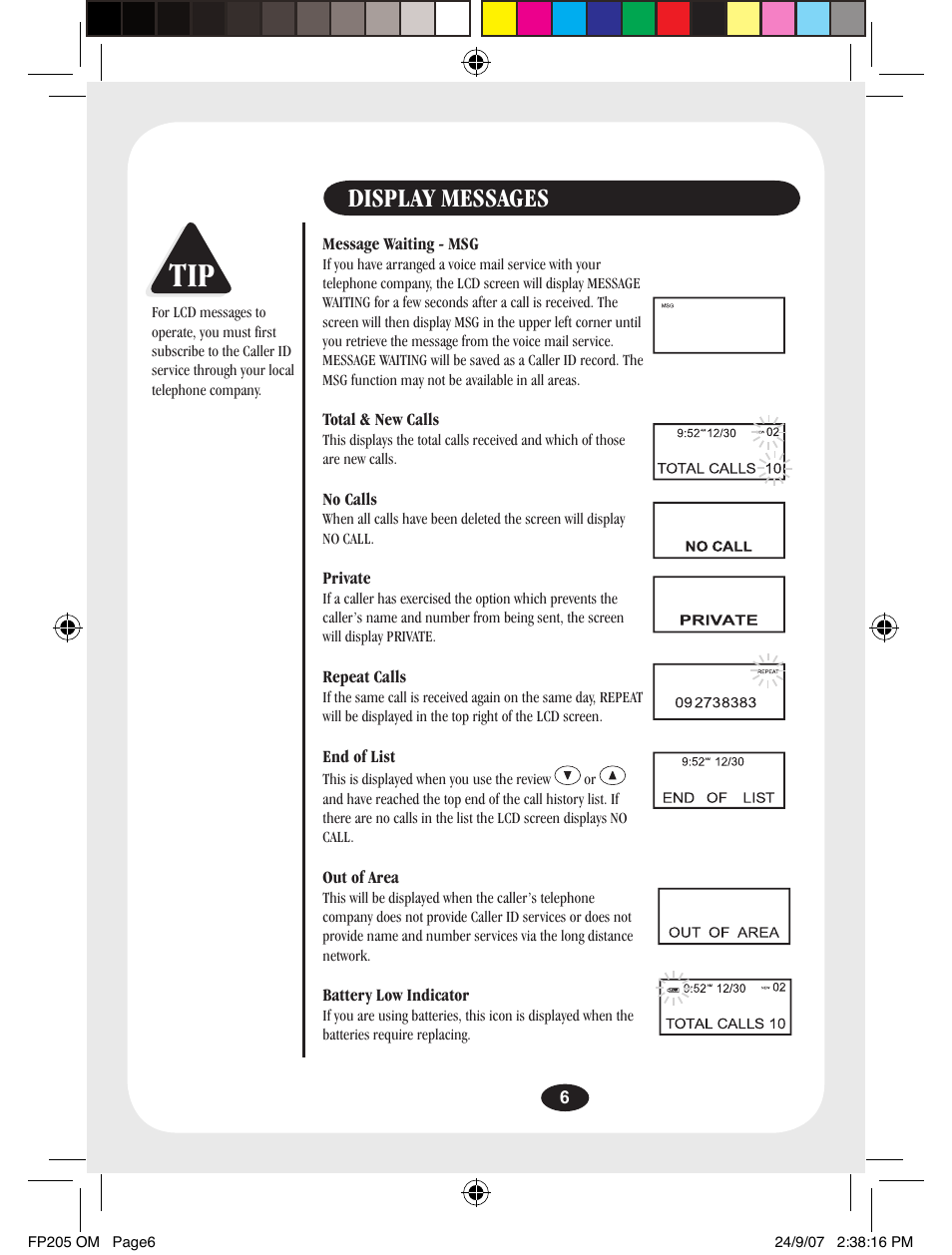 Display messages | Uniden FP205 User Manual | Page 7 / 12