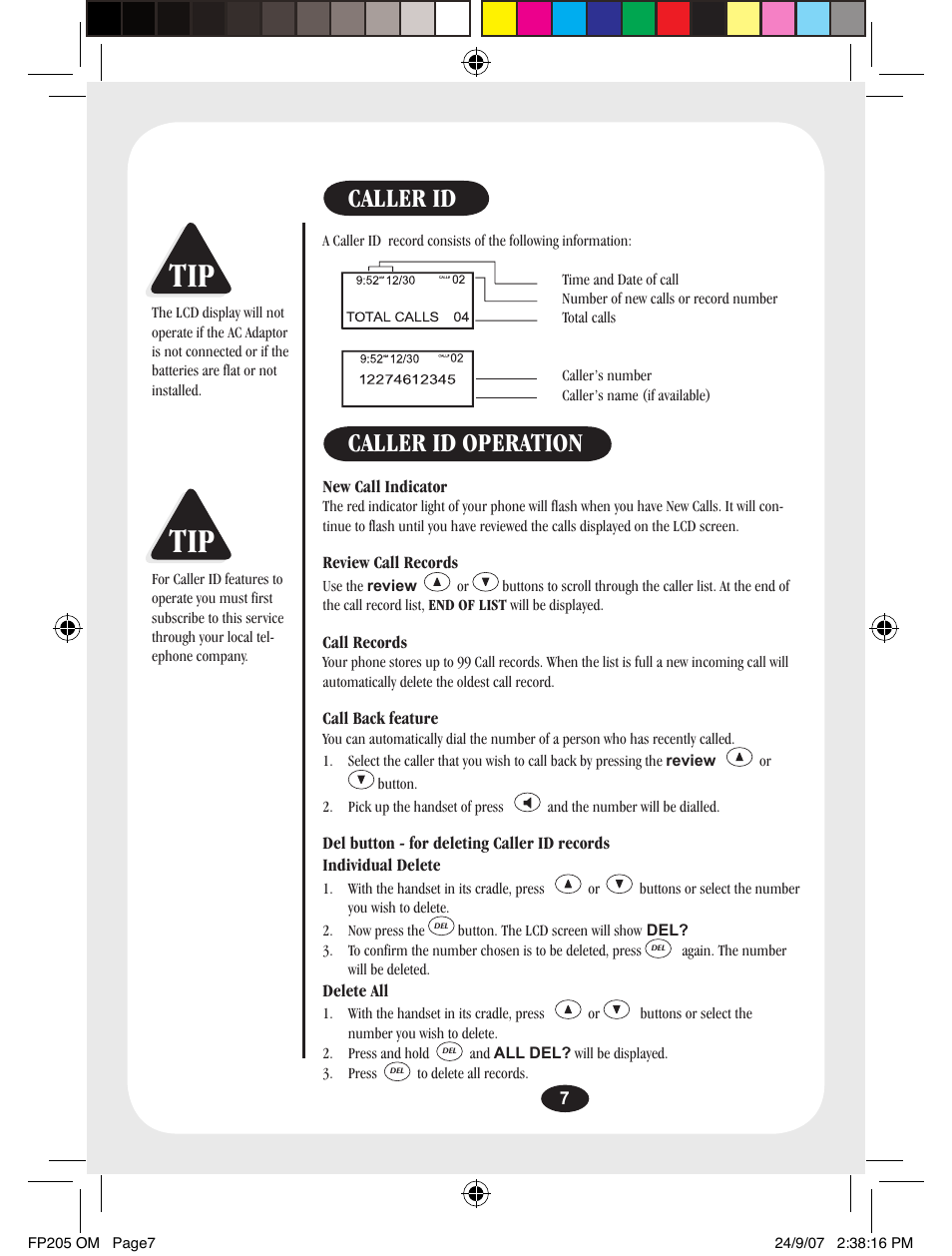 Caller id, Caller id operation | Uniden FP205 User Manual | Page 8 / 12
