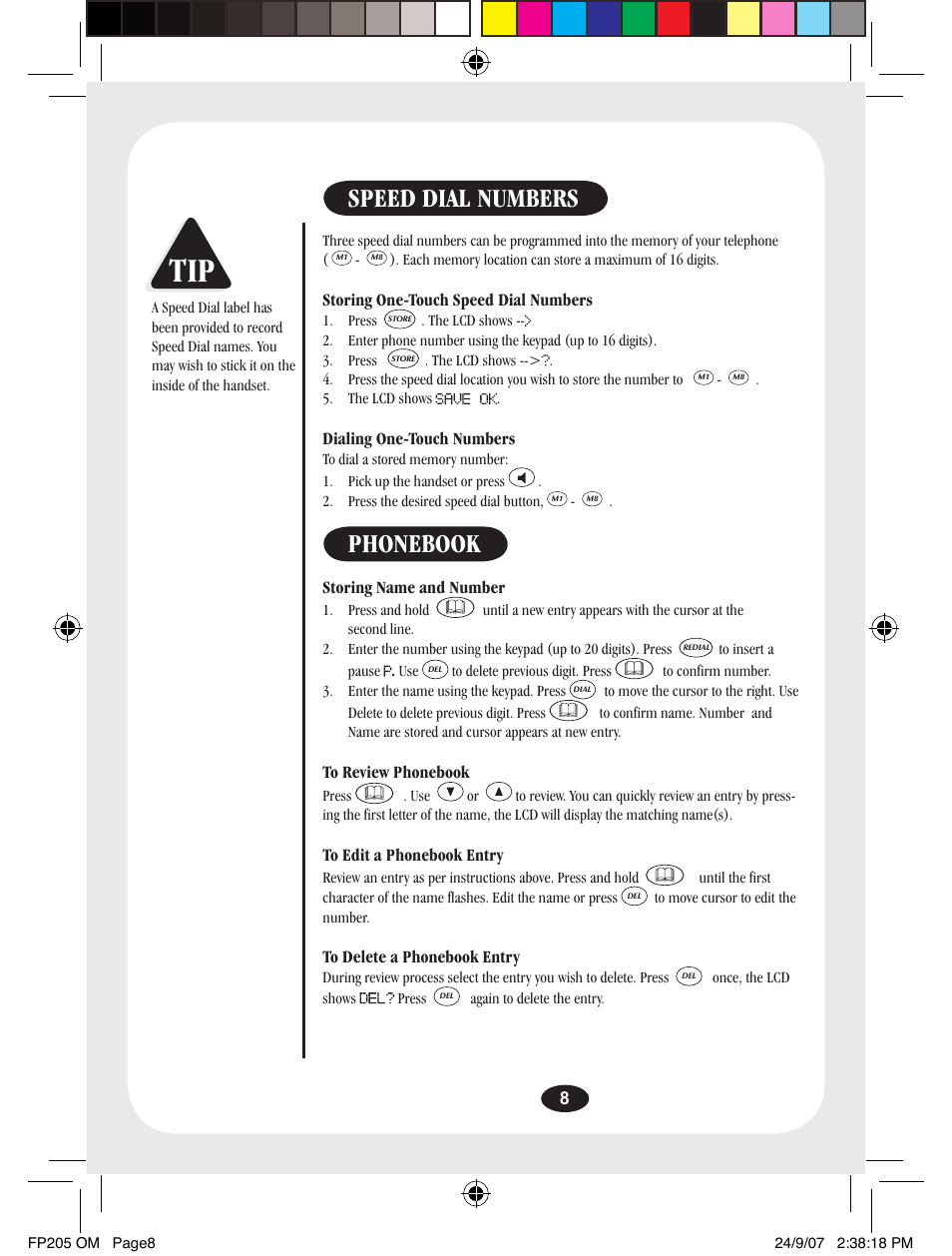 Speed dial numbers, Phonebook | Uniden FP205 User Manual | Page 9 / 12