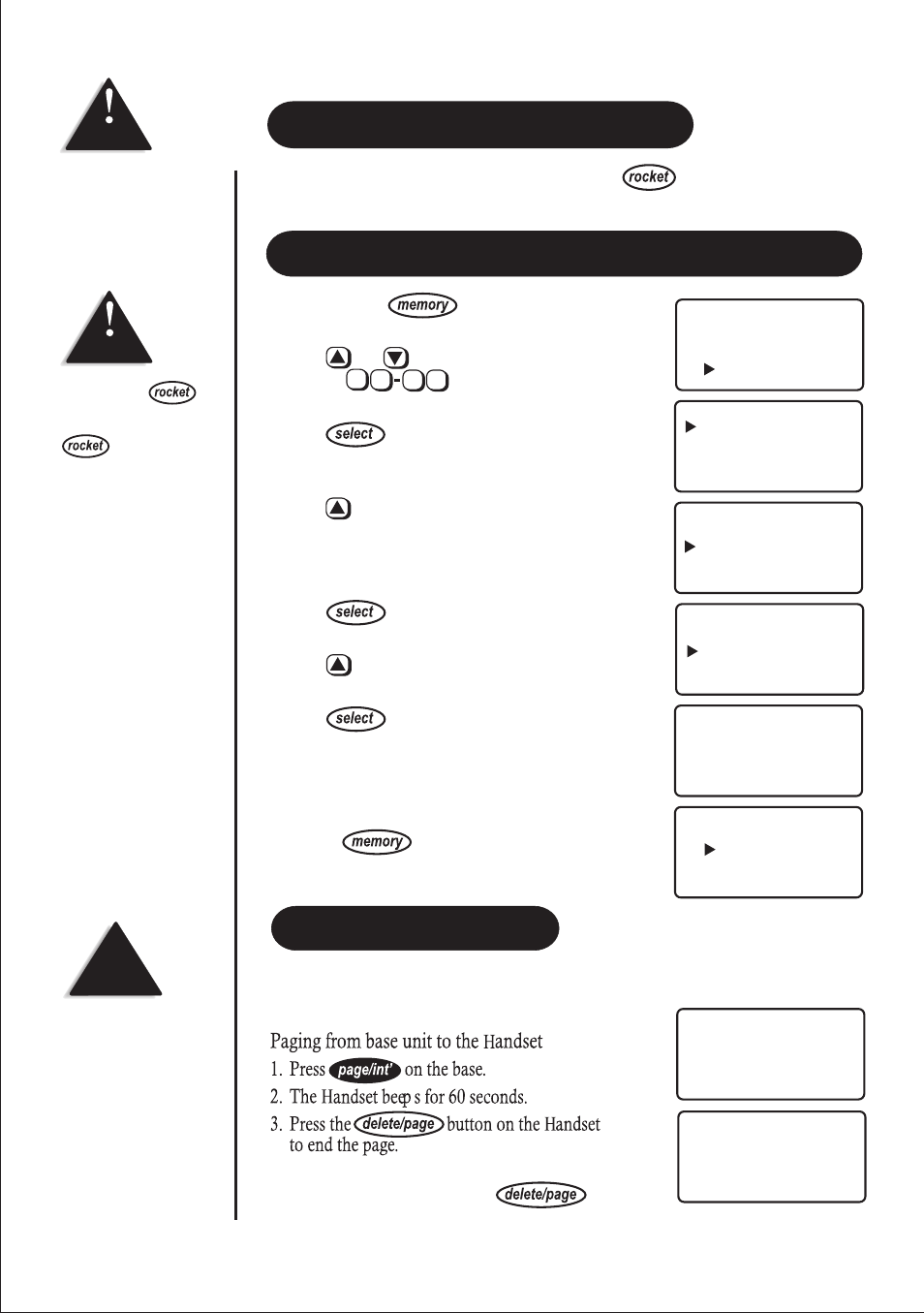 Paging/intercom, Erasing a stored name and phone number, Making calls with rocket dial | Uniden 2155 User Manual | Page 19 / 32