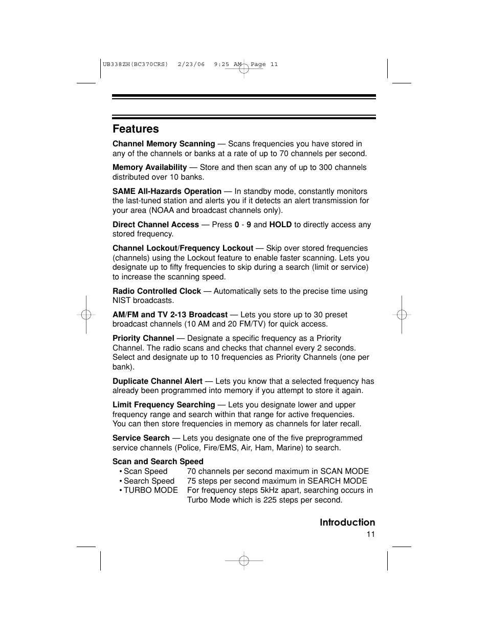 Features | Uniden BC370CRS User Manual | Page 11 / 40