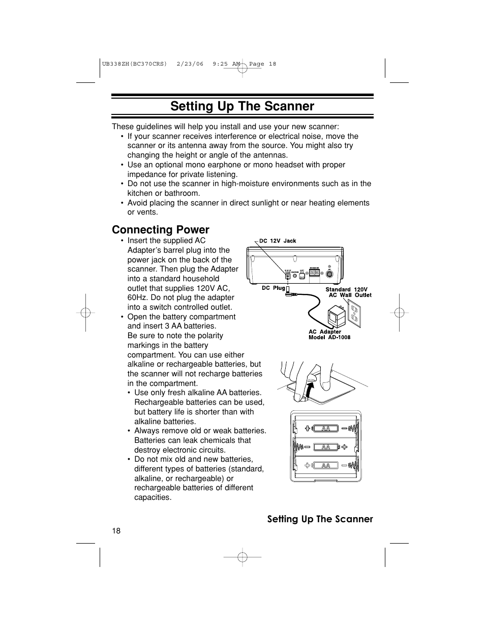 Setting up the scanner, Connecting power | Uniden BC370CRS User Manual | Page 18 / 40
