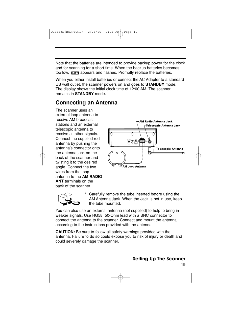 Connecting an antenna | Uniden BC370CRS User Manual | Page 19 / 40