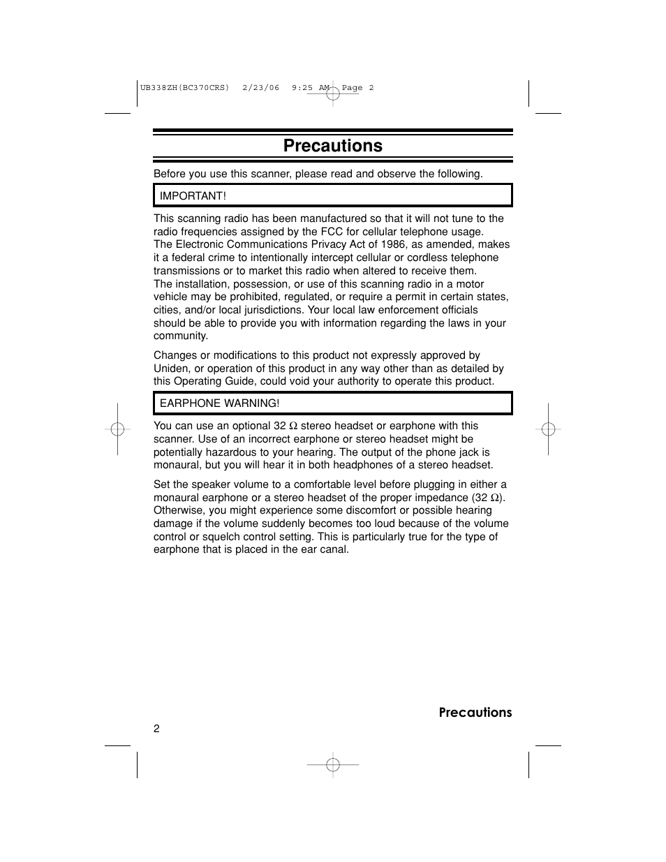Precautions | Uniden BC370CRS User Manual | Page 2 / 40