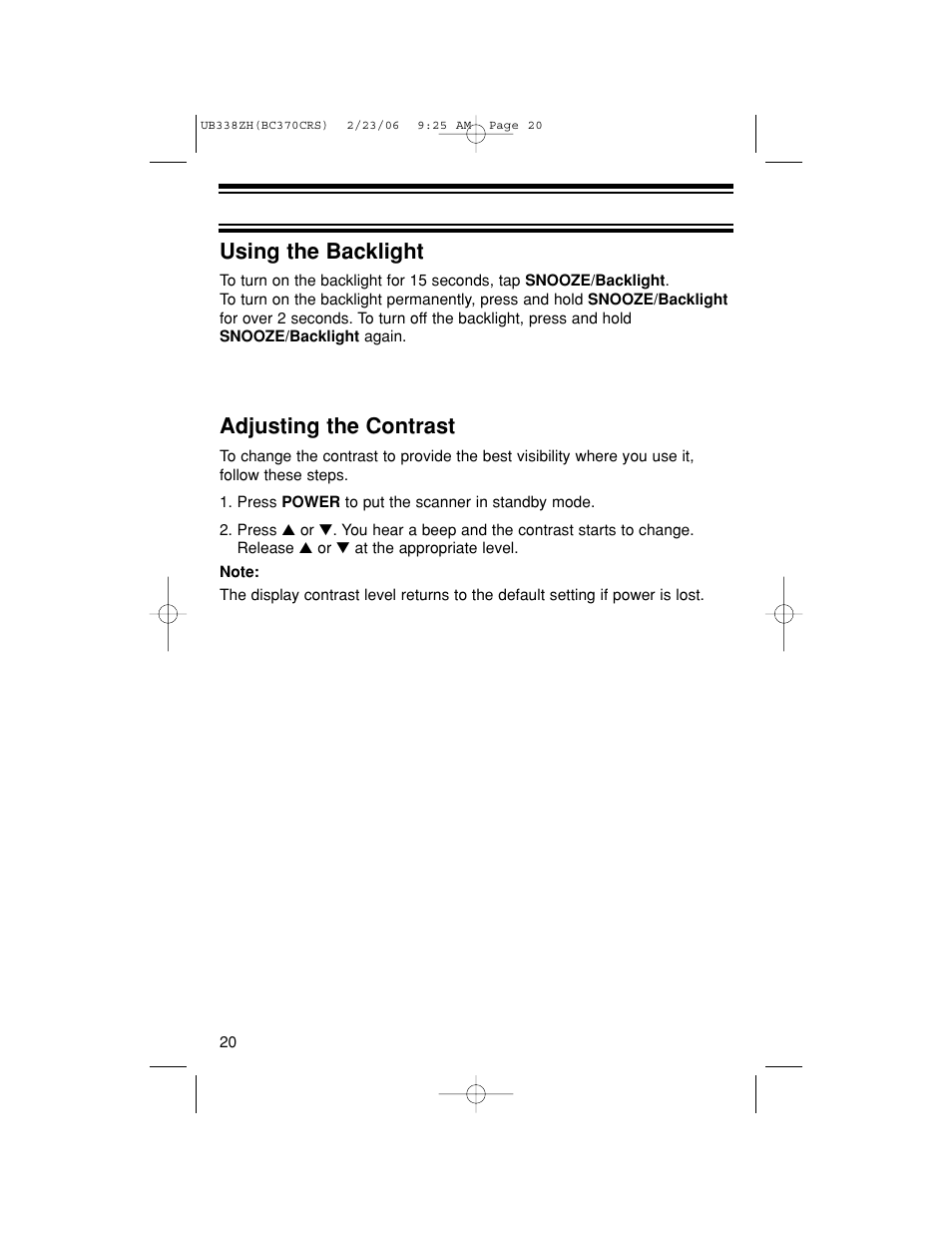 Using the backlight, Adjusting the contrast | Uniden BC370CRS User Manual | Page 20 / 40