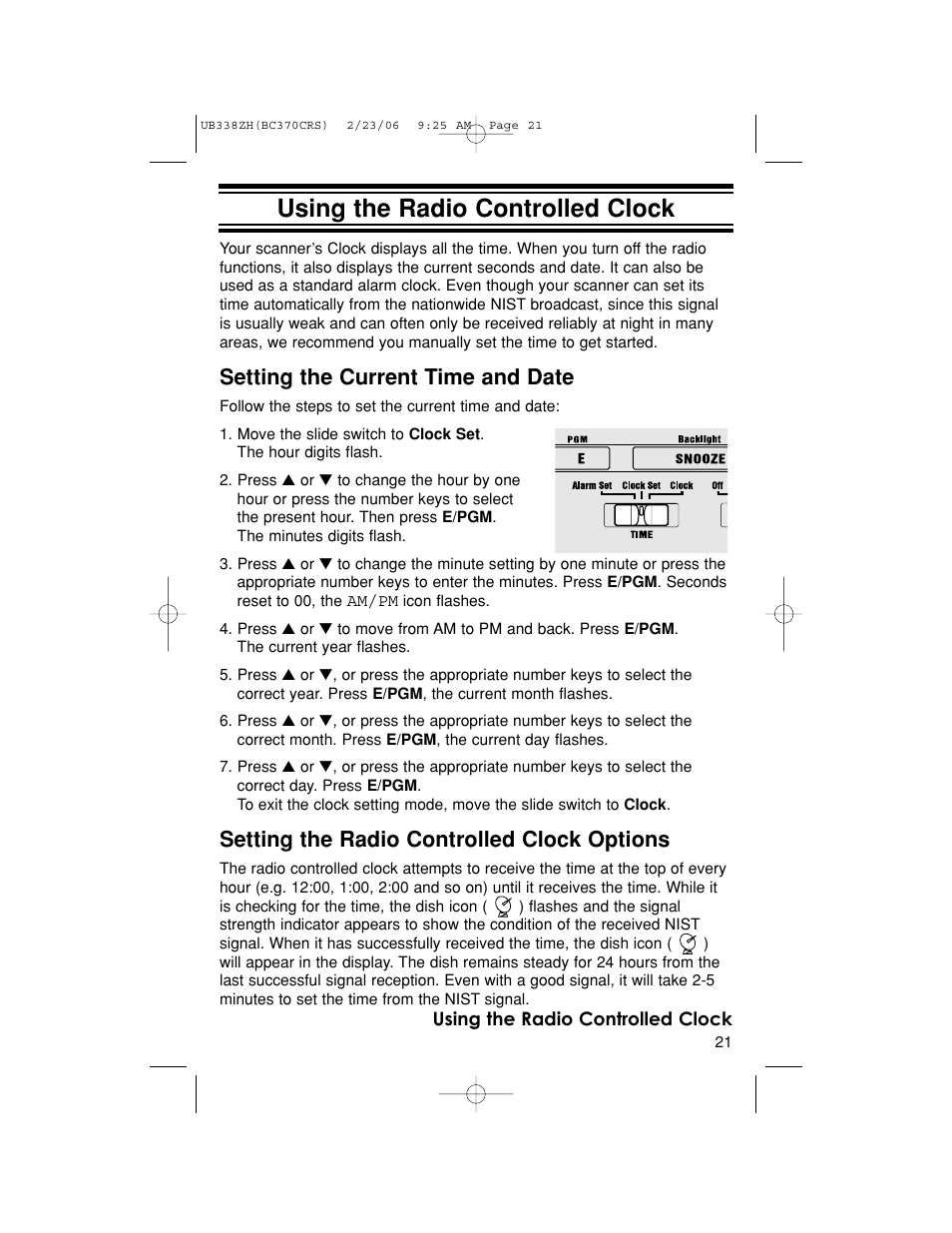 Using the radio controlled clock, Setting the current time and date, Setting the radio controlled clock options | Uniden BC370CRS User Manual | Page 21 / 40